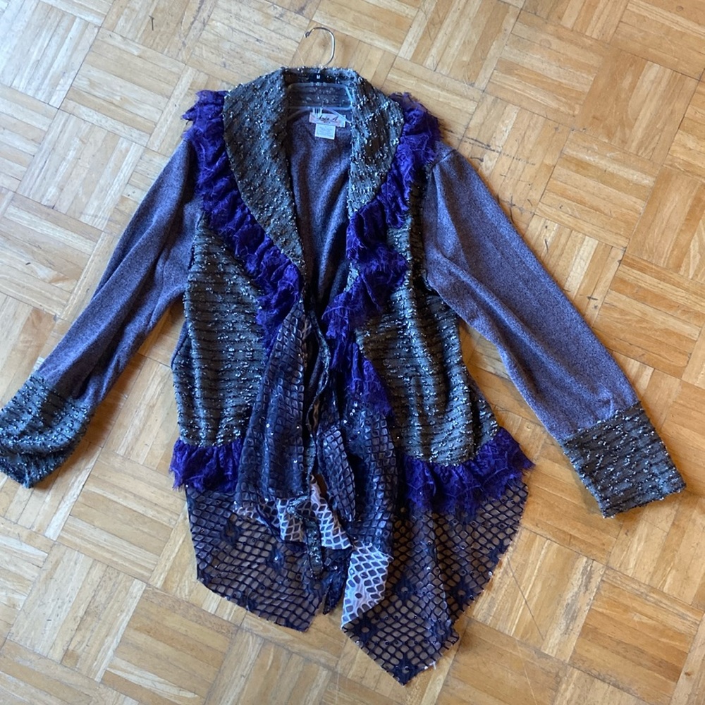 Anis. A lagenlook open drape front cardigan - purples, sparkles, textures, sz L